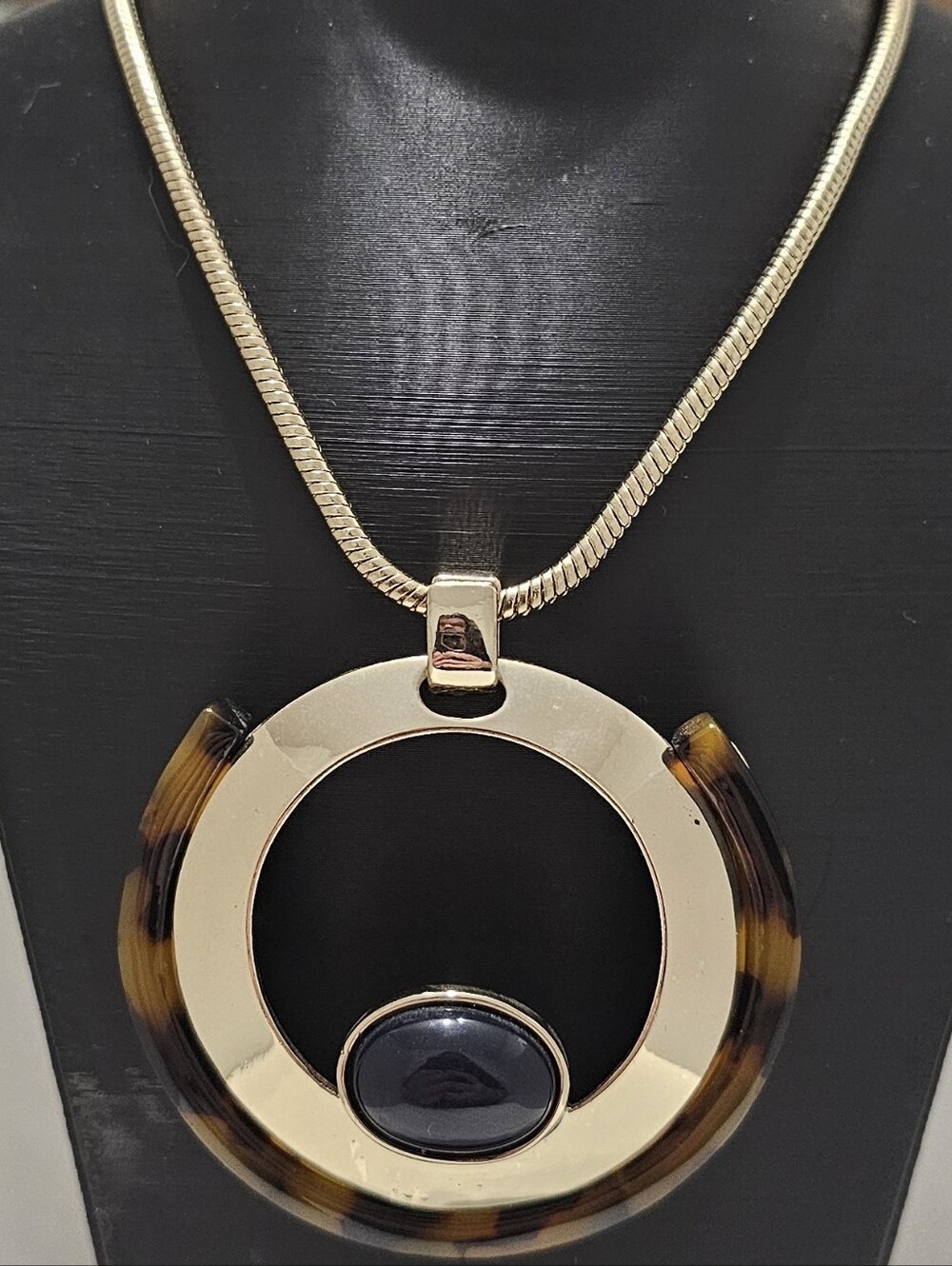 Vintage Chicos Quinn Tortoiseshell Cabochon Modernist Long Statement Necklace